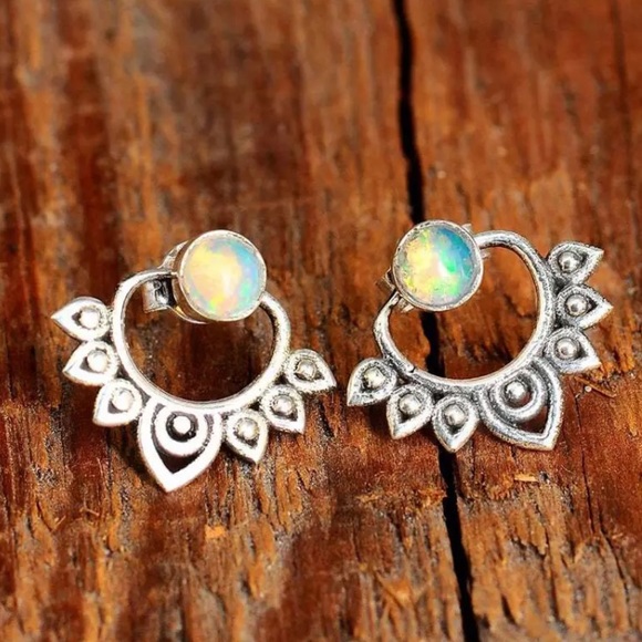 "Lotus Dreamer” Opal Bohemian Hippie Stud Earrings - Picture 2 of 7